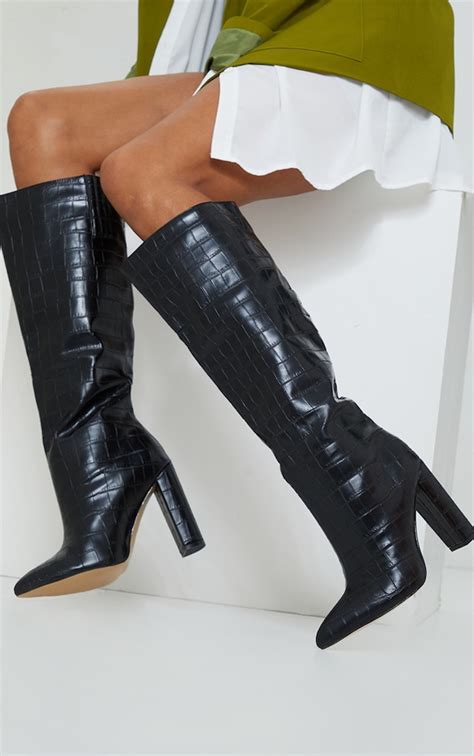 black croc high block heel knee boots